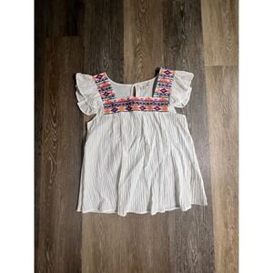 Flower & Feather Blouse Womens Large White Excellent Embroidered Flutter Sleeve